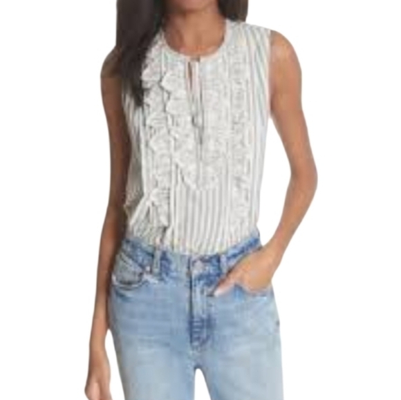 Rebecca Taylor Sleevless Gray and White Ruffle Striped Eyelet Bib Blouse - Picture 11 of 11